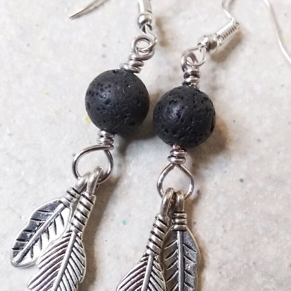 Goth Punk Biker Babe! Extra Long Black Lava Stone + Feather Dangle Earrings - Picture 6 of 7